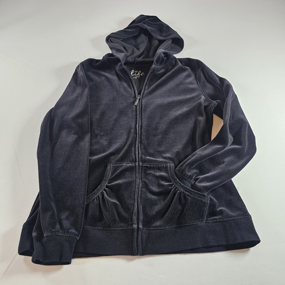 MADE FOR LIFE Black Soft Velour Hoodie Jacket Full Zip Size Medium Pockets EUC